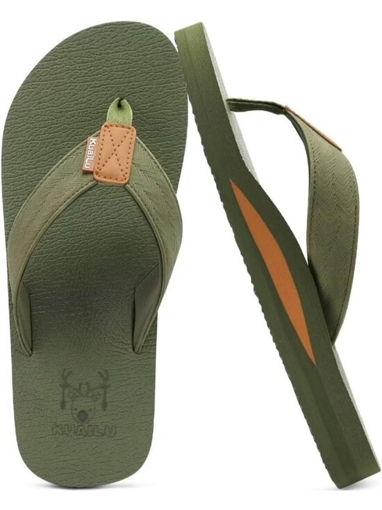 Men Army Green Yoga Mat Leather Flip Flops Slip On Indoor Outdoor Sandal Slipper